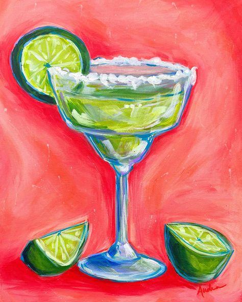 New painting today for National Margarita Day! On the rocks or frozen? 🧊🍋 #100dayproject Original - 11x14 on canvas. Prints 5x7, 8x10, 11x14, 16x20 Canvas reproductions - 8x10, 11x14 www.AudraStyle.com #nationalmargaritaday #margarita #margaritas #cocktails #barcartstyle #kitchenart #kitchendecor #homebar #bardecor #acrylicpainting Cocktail Painting Acrylic, B2s Outfits, Margarita Painting, Leaner Boards, Summer Paintings On Canvas, Sip And Paint Ideas, Dip Art, Margarita Day, National Margarita Day