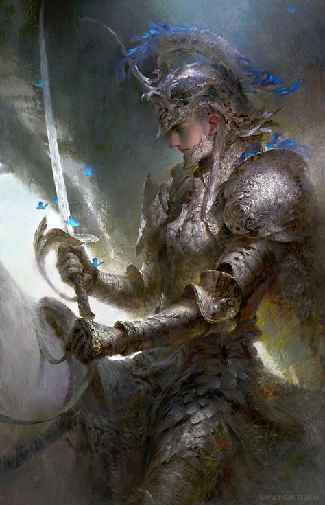 Knight Painting, Warrior Painting, Fighter Character, Silver Knight, Painting School, Concept Art World, Fantasy Male, Fantasy Armor, Fantasy Warrior