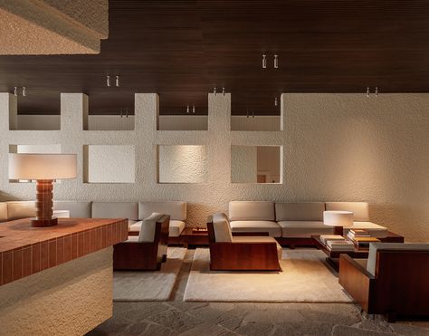 Heard of Quiet Luxury? This Newly Renovated French Riviera Hotel Epitomizes the Trend - Sight Unseen Wood Desk Chair, Dark Wood Desk, Seaside House, Hotel Lounge, Granite Flooring, Lounge Design, Hotel Interior, Beach Hotel, Wood Ceilings