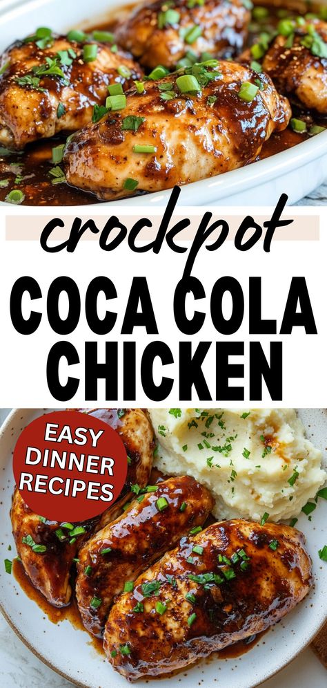 Need a delicious and easy dinner idea? This Slow Cooker Coca Cola Chicken is a must-try! With tender, juicy chicken breasts slow-cooked in a flavorful Coca Cola glaze, it’s perfect for those seeking healthy dinner recipes that are both simple and satisfying. Add this to your list of go-to dinner recipes for a meal your family will love! Chicken Dinner In Crockpot, Chicken Legs In Crockpot Easy, Crock Pot Chicken Legs Recipes, Drumstick Chicken Recipes Crockpot Easy, Crockpot Chicken Legs Recipes, Crockpot Chicken Breast Recipes Healthy, Easy Chicken Breast Recipes Crockpot, Slow Cook Chicken Breast, Crockpot Chicken Breast Recipes Easy