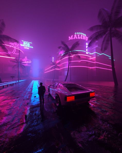 Neon Lights, At Night, Palm Trees, A Man, Trees, Neon, Road, Art