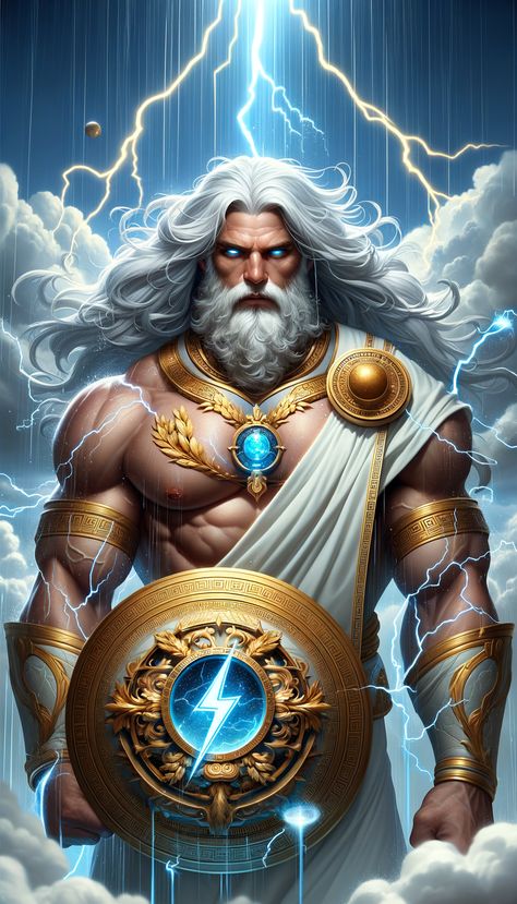 Experience the awe of lightning over Olympus in our Zeus-themed art. Zeus Artwork, Zeus Wallpaper, Zeus God Of Thunder, 12 Olympians, Zeus Greek, Zeus God, Artemis Goddess, Cyborgs Art, Son Of Zeus