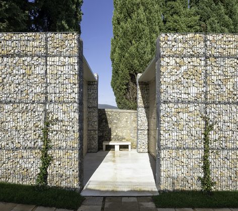 Castel San Gimignano Cemetery / MICROSCAPE architecture urban design AA Gabion Stone, Terraced Landscaping, Gabion Wall, Rural House, Stone Bench, Italian Architecture, Dry Stone Wall, Stone Masonry, Stone Architecture