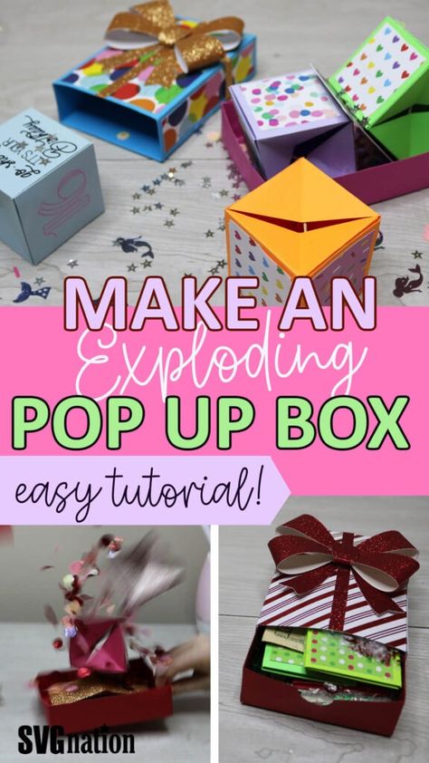 Pop Up Cubes, Exploding Box Template, Money Box Diy, Diy Surprise Box, Paper Card Ideas, Box Templates Printable Free, Glitter Explosion, Explosion Box Tutorial, Diy Exploding Box