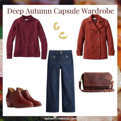 DEEP AUTUMN CAPSULE WARDROBE 7 tops in warm, deep colors 4 bottoms + 2 dresses perfect for Deep Autumn 5 completer pieces to style 4 pair of varied neutral shoes 8 deep and warm accessories Want to learn more about Deep Autumn (or any season)? Comment “EXPLORE” to get the link. #deepautumn #deepautumncolors #deepautumnpalette #deepautumnstyle #darkautumn #darkautumncolors #darkautumncolorpalette #coloranalysis #seasonalcoloranalysis #capsulewardrobe #capsulewardrobechallenge #capsulewardro... Deep Autumn Capsule Wardrobe, Completer Pieces, Deep Autumn Palette, Radiant Woman, Autumn Capsule Wardrobe, Autumn Palette, Neutral Shoes, Deep Autumn, Seasonal Color Analysis