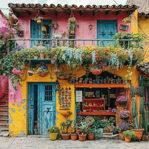 Nestled in the heart of the tropics, a vibrant South American home bursts into life with its colorful walls and balconies adorned with lush flowers. A celebration of color and nature. #TropicalCharm #ColorfulLiving #FloralParadise #VibrantHomes #BalconyGardens #GenerativeArt #DigitalArtists #AIArtwork #AI #AIhyperrealistic Bright Houses Exterior, Colombian Houses Architecture, Latin American House Exterior, South American Interior, Mexican Colorful Houses, Colorful Spanish House, Mexican Buildings Architecture, South American Interior Design, South American House