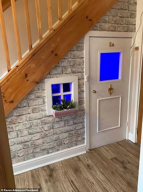 Savvy mother creates remarkable playhouse under her stairs costing less than £100 | Daily Mail Online Playhouse Stairs, Under Stairs Playhouse, Under Stairs Playroom, Under Stairs Dog House, Kids Nook, Room Under Stairs, Stair Nook, تحت الدرج, Dog Bedroom