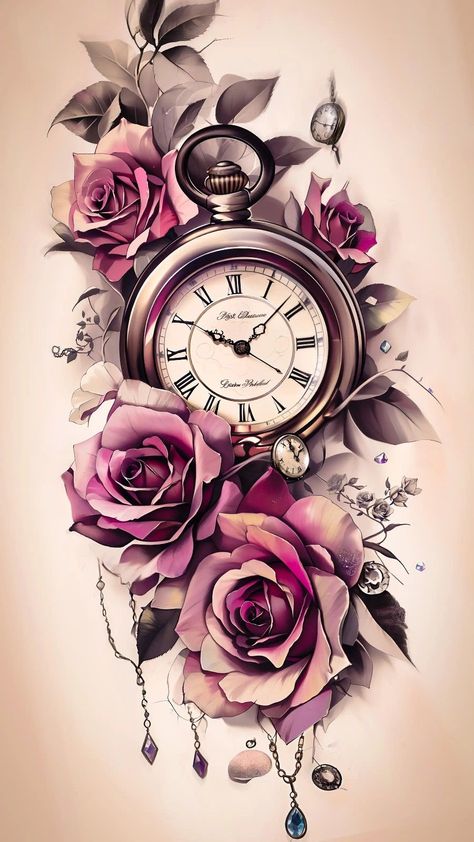 Old Clock Tattoo, Time Clock Tattoo, Pocket Watch Tattoo Design, Clock And Rose Tattoo, Watch Tattoo Design, Pocket Watch Tattoos, Realistic Rose Tattoo, Clock Flower, Clock Tattoo Design