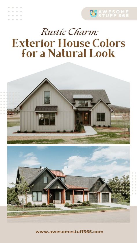 Embark on a journey back in time with our curated list of 25 rustic exterior house colors. These timeless shades evoke the simplicity, warmth, and durability of traditional homes, offering a nod to the past while grounding your space in the present. Let each brushstroke guide you to a home that's as enduring as the landscapes it resides in

#EarthyExteriorTones
#RusticHousePalette
#NaturalHomeExteriors
#CabinColorIdeas
#WarmRusticHues
#CountryHomeColors
#RusticChicExteriors Ranch Style House Colors Exterior Paint, Mixed Siding Exterior Colors, Exterior House Stain Color Combinations, Exterior Paint Colors For House With Limestone, Earth Tones Exterior House Colors, Taupe Exterior Color Schemes, Color Blocking Exterior House, Miller Paint Colors Exterior, Brown Vinyl Siding Exterior