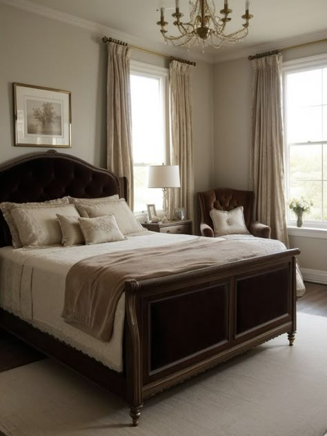 1800 Bedroom Aesthetic, Manly Guest Room, Bedroom With Asymmetrical Windows, Light Academia Room Aesthetic Bedroom, Bedroom Inspirations Wooden Bed, Velvet Bedroom Curtains, Light Academia Bedroom Aesthetic, Brown Bedroom Decor Ideas, Light Academia Interior