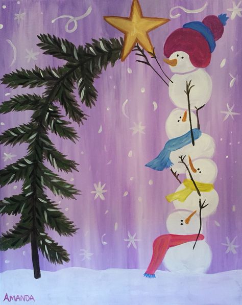 "Stacked Snowmen" Stacked Snowmen, Stacked Snowmen Painting, Whimsical Snowman Painting, Snowman And Christmas Tree Painting, 3 Snowmen Painting, Snowman With Christmas Tree Painting, Canvas Snowman Painting For Kids, Snowmen Paintings, Christmas Window Painting