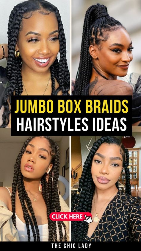 Top Trending Jumbo Box Braid Ideas to Try Now Chunky Box Braids Hairstyles, Large Braids Hairstyles, Braided Hairstyles For Toddlers, Bun Box Braids, Diy Box Braids, Colorful Extensions, Jumbo Knotless Box Braids, Box Braids Jumbo, Jumbo Box Braids Styles