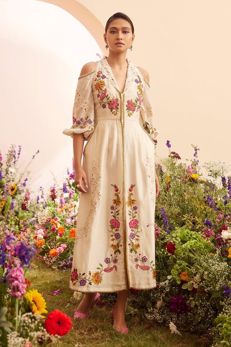 Shop for Chandrima Ivory Chanderi Floral Embroidered Cold Shoulder Dress for Women Online at Aza Fashions Luxury Traditional Wear With Resham Embroidery, Luxury Traditional Wear With Resham Embroidery For Ceremony, Luxury Traditional Wear With Resham Embroidery For Ceremonial Occasions, Luxury Traditional Wear With Resham Embroidery For Diwali, Luxury Chanderi Dresses For Women, Luxury Ceremonial Traditional Wear With Resham Embroidery, Luxury Chanderi Dresses With Self Design, Luxury Long Dress With Resham Embroidery, Luxury Cutwork Dresses For Festive Season