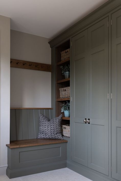 Westerham Project Boot & Utility Room - Humphrey Munson Corner Entryway Bench, Coat Room, Half Windsor, Boot Room Utility, Small Mudroom Ideas, Small Mudroom, Humphrey Munson, Utility Room Designs, Mudroom Remodel