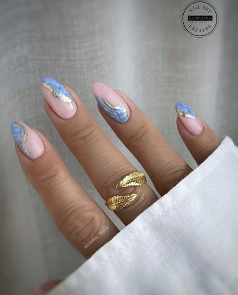 Blue Gold Nails, Light Blue Nails, Baby Blue Nails, Summery Nails, Girly Acrylic Nails, Casual Nails, Short Square Acrylic Nails, Blue Nail Designs, Blue Nail