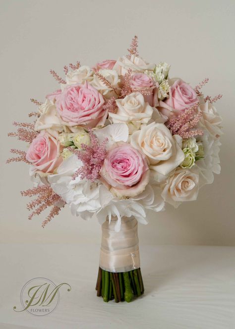 White, pale pink and cream Bridal Bouquet made of pink roses, Cream roses, white spray roses, White hydrangea and pale pink astilbe. Pink And Ivory Bridal Bouquet, White And Pink Bouquet Wedding, White And Pink Bridal Bouquet, Pink Quince Bouquet, Pink And Cream Bouquet, Pink And White Bouquet Wedding, White And Light Pink Bouquet, Pale Pink And White Wedding Bouquet, Bubblegum Pink Wedding