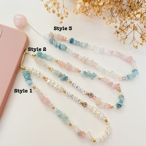 Crystals Rose Quartz, Beaded Designs, Phone Chain, Phone Strap, Aquamarine Gemstone, Phone Charm, Bead Designs, Healing Crystals, Diy Beads