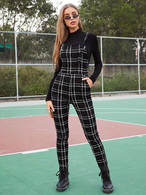 Pocket Detail Plaid Pinafore Jumpsuit Without Top | SHEIN USA Pinafore Jumpsuit, Plaid Jumpsuit, Top Shein, Floral Print Rompers, Gathered Sleeves, Jumpsuit With Sleeves, Long Jumpsuits, Business Suit, Spring Tops