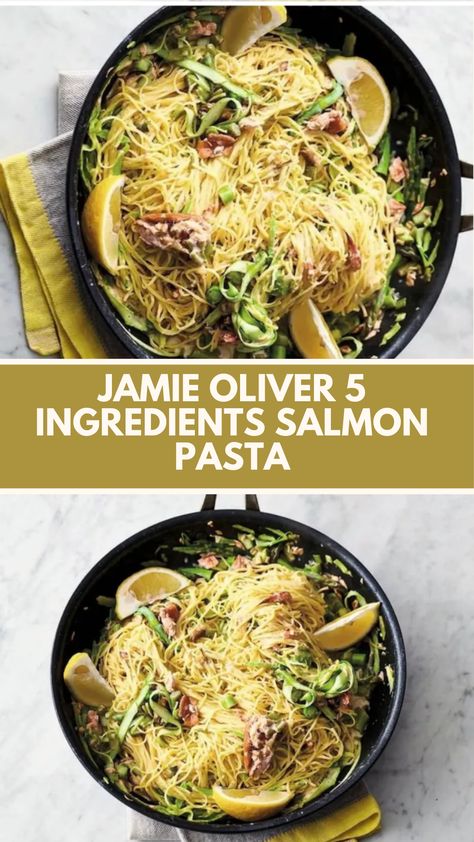 Jamie Oliver 5 Ingredients Salmon Pasta (Hot-smoked salmon pasta) is made with asparagus, dried taglierini or angel-hair pasta, hot-smoked salmon, lemon, and half-fat crème fraîche. This delicious Salmon Pasta recipe creates a tasty dinner that takes about 20 minutes to prepare and can serve up to 4 people.

This Salmon Pasta Recipe Is From 5 Ingredients: Quick & Easy Food Cookbook by Jamie Oliver. Hot Smoked Salmon Pasta, Jamie Oliver Salmon, Jamie Oliver 15 Minute Meals, Salmon Pasta Recipe, Jamie Oliver 5 Ingredients, Salmon Pasta Recipes, Smoked Salmon Pasta, Lemon Salmon, Asparagus Pasta