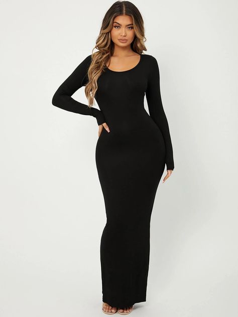 SHEIN SXY Solid Maxi Bodycon DressI discovered amazing products on SHEIN.com, come check them out! Maxi Bodycon Dress, Striped Tunic Dress, Neck Bodycon Dress, Bodycon Maxi Dresses, Ribbed Knit Dress, Black Bodycon Dress, Long Sleeve Bodycon, Womens Casual Outfits, Party Dresses For Women