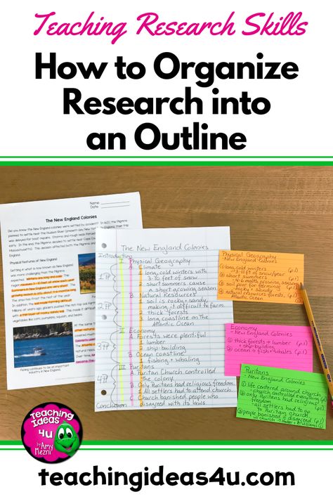 Teaching-Ideas-4U-Amy-Mezni-How-to-Organize-Research-Outline Research Paper Hacks, How To Do A Research Paper, Research Paper Tips Hacks, Tips For Research Papers, Assignment Tips, Research Paper Outline Template Elementary, Essay Writing Tips University Research Paper, Research Outline, Introductory Paragraph