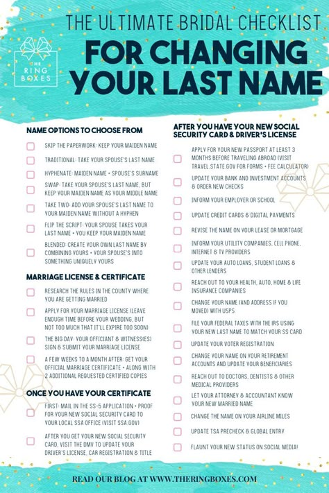 Excited to become a Mrs. but wondering how to change your name or figure out what options work best for you? We’re making your life a little bit easier with this comprehensive guide and checklist that’ll walk you through the whole process. Don’t wait until after your wedding day to read this, get started now. Marriage | Newlywed | Becoming a Mrs. #newlywed #marriage #newmrs #namechange #wedding #wifey #bride #checklist #changingyourlastname Marriage Name Change, Name Change Checklist, Changing Last Name, Horse And Carriage Wedding, Bride Checklist, Changing Your Last Name, Pinterest Board Names, Preparing For Marriage, Bride Planning