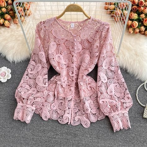 Autumn Vintage Red/White/Pink Hollow Out Lace Blouse Women Elegant Lantern Long Sleeve Single Breasted Tops Female Blusas 2021|Shirt| - AliExpress Crochet Lace Shirt, Women Lace Blouse, Lace Blouse Long Sleeve, Crochet Lace Top, White Lace Blouse, Lace Top Long Sleeve, Blouse Material, Lace Shirt, How To Look Classy