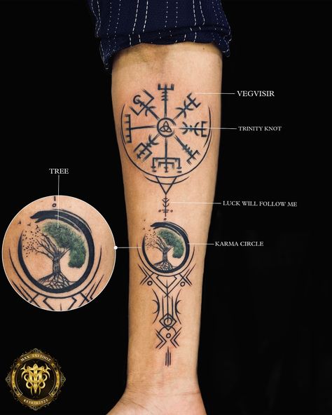 Embracing the ancient wisdom of viking symbols etched in ink, intertwined with the sacred tree of life within a karma circle. Dive into the meaning 🌲🔮 . . . . . . #tattoo #piercing #likes #like #share #save #comment #reels #reelsinstagram #instagram #instagood #instalike #instafashion #viral #viratkohli #viralvideos #fyp #fyl #fypシ Valknut Tattoo, Compas Tattoo, Viking Compass Tattoo, Viking Tattoo Symbol, Compass Tattoo Design, Epic Tattoo, Norse Tattoo, Angel Tattoo Designs, Ornamental Tattoo