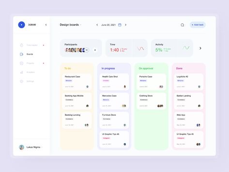 Task Tracker Web App by Dmitry Lauretsky for Ronas IT | UI/UX Team on Dribbble To Do List Website Design, Task Management Ui, Material Design Web, Todo List App, Dashboard Design Template, Web App Ui Design, Desain Ux, Task Management App, To Do App