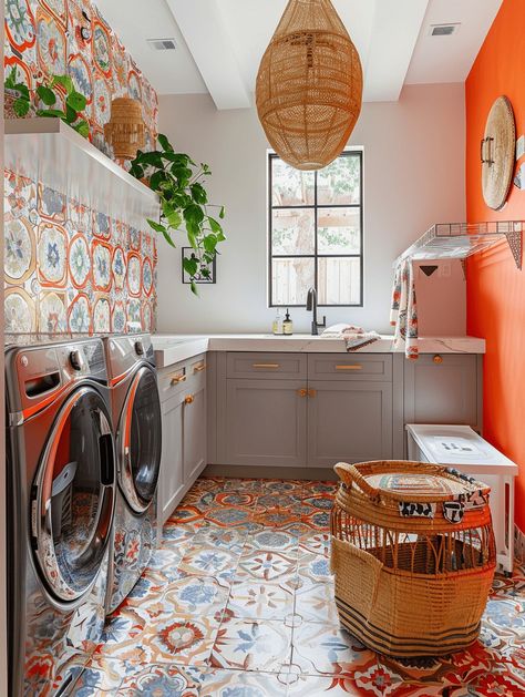 11 Boho-Inspired Laundry Room Design Concepts Laundry Room Ideas Yellow, Spanish Laundry Room Ideas, Utility Room Colour Ideas, Orange Laundry Room Ideas, Bright Laundry Room Ideas, Boho Laundry Room Ideas, Orange Laundry Room, Colorful Laundry Room Ideas, Fun Laundry Room Ideas