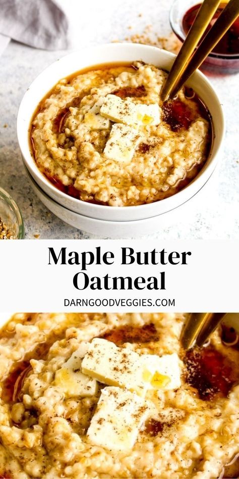 Maple Butter Oatmeal recipe is filled with pools of melted vegan butter and swirls of sweet maple syrup. This hearty breakfast doubles as meal prep! Healthy Protein Desserts, Hearty Breakfast Recipes, Vegetarian Brunch, Plant Based Recipes Breakfast, Maple Butter, Gluten Free Oatmeal, Porridge Recipes, Healthy Gluten Free Recipes, Oatmeal Breakfast