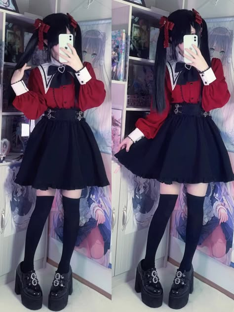 Red Jirai Kei, Yamikawaii Outfit, Yami Kawaii Outfit Ideas, Jirai Kei Outfit Ideas, Dark Kawaii Outfits, Yami Kawaii Outfit, Yami Kawaii Fashion, Jirai Kei Fashion, Bowknot Blouse