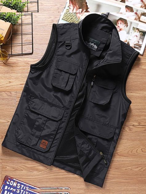 Black Casual  Sleeveless Polyester Plain Vest Embellished Non-Stretch Spring/Fall Men Outerwear Sleeveless Jacket For Men, Multi Pocket Vest, Plain Vest, Men Outerwear, Stand Collar Top, Zipper Vest, Men Jackets, Streetwear Men, Casual Vest