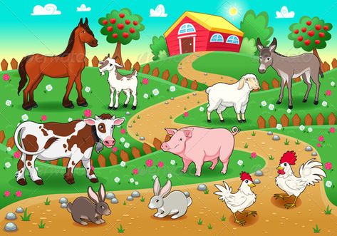 Farm animals with background.  #GraphicRiver         Farm animals with background. Vector and cartoon illustration.  	 Folder contains:  	 EPS file; High Resolution JPG file; High Resolution PSD file.     Created: 28September12 GraphicsFilesIncluded: PhotoshopPSD #JPGImage #VectorEPS Layered: No MinimumAdobeCSVersion: CS Tags: animal #bovine #cartoon #character #chicken #cow #donkey #family #farm #fruit #goat #group #happy #hen #hog #horse #house #illustration #jackass #landscape #mule #object # Animal Farm Illustration, Farm Illustration, Animal Pictures For Kids, Farm Cartoon, Picture Composition, Background Clipart, Sheep Farm, House Illustration, Animal Activities