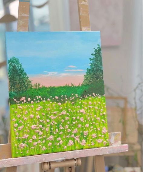 Large Canvas Painting Ideas Easy, Small Landscape Paintings, Flower Field Painting, Nature Paintings Acrylic, Sky Art Painting, Easy Acrylic Painting, Arte Van Gogh, Simple Canvas Paintings, Cute Canvas Paintings