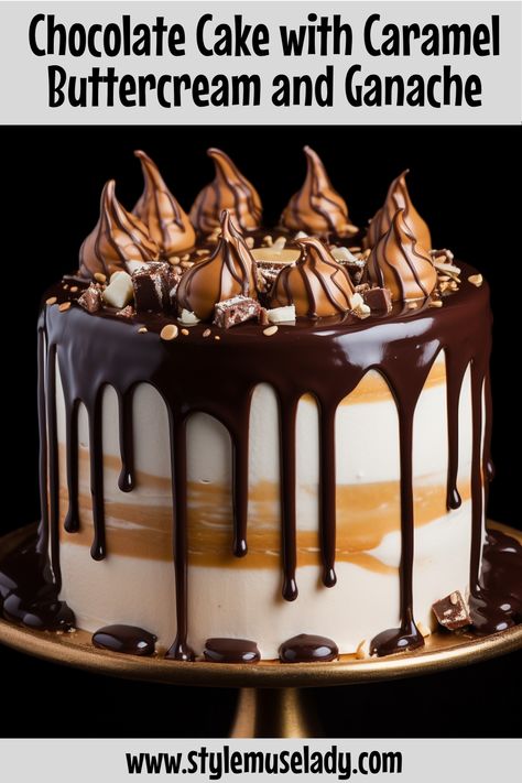 Moist chocolate cake, caramel buttercream frosting, and chocolate ganache come together in this heavenly dessert. Perfect for special occasions! Chocolate Cake Caramel, Chocolate Cake With Caramel, Caramel Buttercream Frosting, Chocolate Caramel Cake, Cake With Caramel, Caramel Buttercream, Caramel Cake, Moist Chocolate Cake, Chocolate Caramel