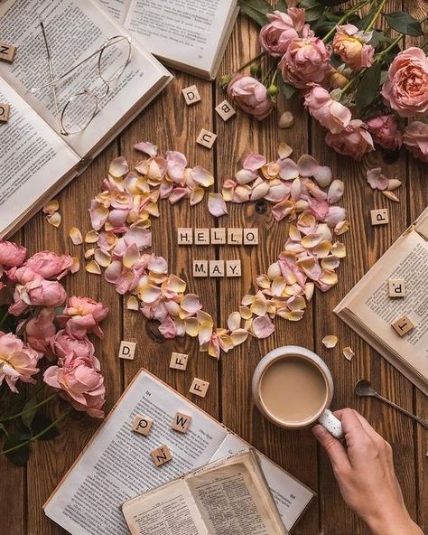 Hello May, Flat Lay Photography, Coffee Photography, Month Flowers, New Month, Coffee And Books, Good Morning Beautiful, Months In A Year, Book Photography