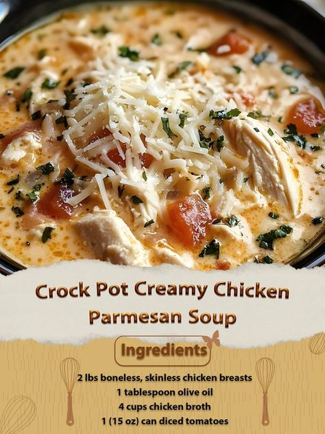 Chicken Crockpot Soup, High Protein Soups, Crock Pot Creamy Chicken, Crockpot Creamy Chicken, Chicken Parmesan Soup, Gf Soup, Crockpot Chicken Parmesan, Creamy Parmesan Chicken, Protein Soups