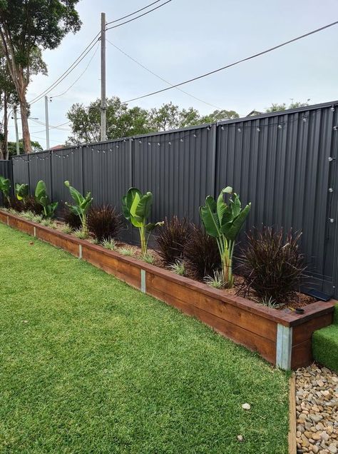 Side Of Fence Landscaping, Raised Privacy Fence, Garden Against Fence, Backyard Landscaping Along Fence, Diy Backyard Fence, Garden Landscaping Ideas, Backyard Garden Layout, Backyard Remodel, Fence Landscaping