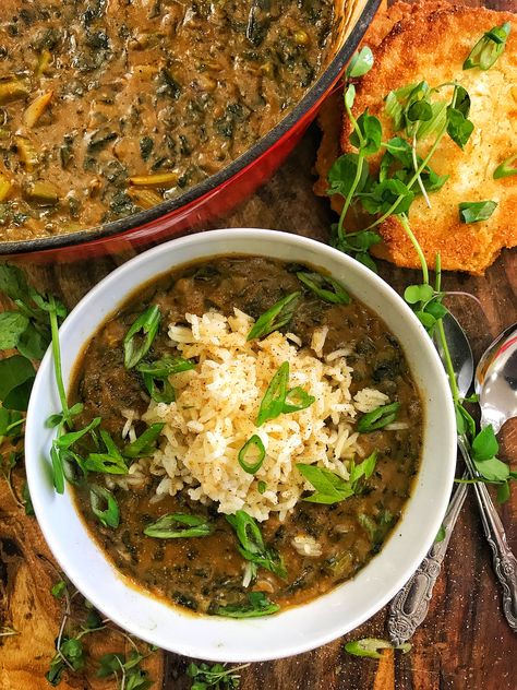 Collard Green Gumbo & Hot Water Cornbread Collard Green Gumbo, Green Gumbo, Vegan Collard Greens, Water Cornbread, Veggie Meat, Hot Water Cornbread, Collard Greens Recipe, Vegan Soul Food, Collard Green