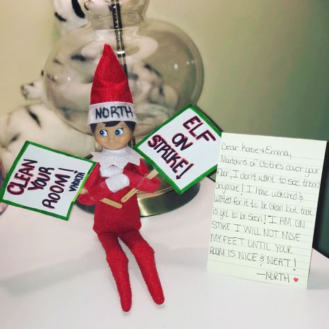 Elf on the shelf says clean your room! Elf Dirty Room, Messy Room Elf On The Shelf, Elf On The Shelf Dirty Room, Elf On The Shelf Messy Room, Clean Your Room Elf On The Shelf, Elf Clean Your Room, Community Event Ideas, Elf Games, Elf Ideas Easy