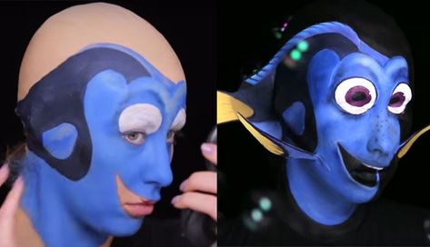 Finding Nemo Face Paint, Finding Nemo Jr Makeup, Dory Makeup, Diy Darla Costume Finding Nemo, Finding Nemo Play Costumes, Finding Nemo Musical Props, Blue Tang Fish, Contour Tutorial, Bald Cap