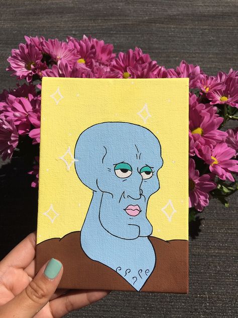 Handsome Squidward Painting, Mens Painting Ideas, Shrek Canvas Painting, Memes Painted Canvas, Cute Funny Paintings, Funny Easy Paintings, Silly Painting Ideas, Funny Paintings Easy, Funny Painting Idea