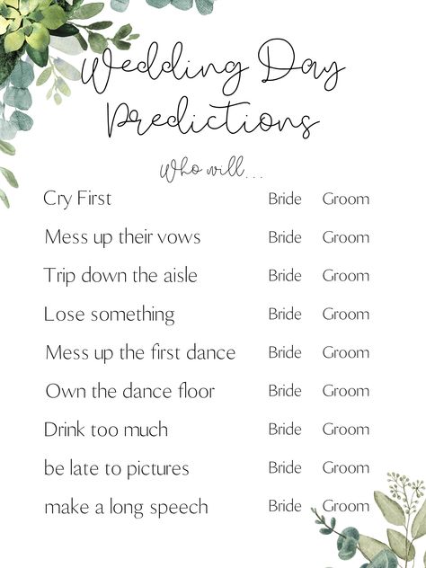 Digital download ONLY for a greenery themed wedding/bridal shower prediction game. Play this fun prediction game at bridal showers, couples showers, rehearsal dinner, or anywhere else you are looking to celebrate the happy couple.  Refunds: There are no refunds or exchanges on printable items. Please ask us any questions before purchasing. Terms of Use: This file is for ONE personal use only ie. it is not to be used for commercial purposes. You may not copy, share, sell or distribute the file in any form. This listing includes digital files only. No physical items will be shipped. Wedding Predictions Game, Game Wedding, Wedding Shower Games, Bridal Shower Game, Couple Shower, Wedding Games, Game Play, Greenery Wedding, Bridal Shower Games