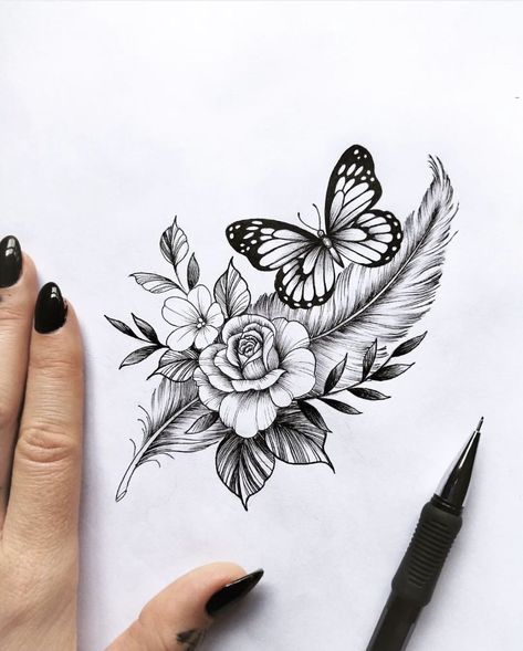 Rose And Butterfly Tattoo Design, Butterfly Tattoo Design, Rose And Butterfly Tattoo, Butterfly With Flowers Tattoo, Wrist Tattoo Cover Up, Butterfly Tattoo On Shoulder, Small Chest Tattoos, Flower Tattoo Ideas, Feather Tattoo Design