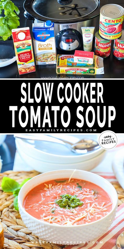 Homemade Tomato Basil Soup Crockpot, Easy Crockpot Tomato Basil Soup, Creamy Tomato Basil Soup Crockpot, Creamy Tomato Soup Crockpot, Tomato Soup Recipe Crock Pot, Slow Cooker Tomato Basil Soup, Tomatoe Soup Crockpot, Chunky Tomato Soup Recipe, Tomato Basil Soup Crockpot