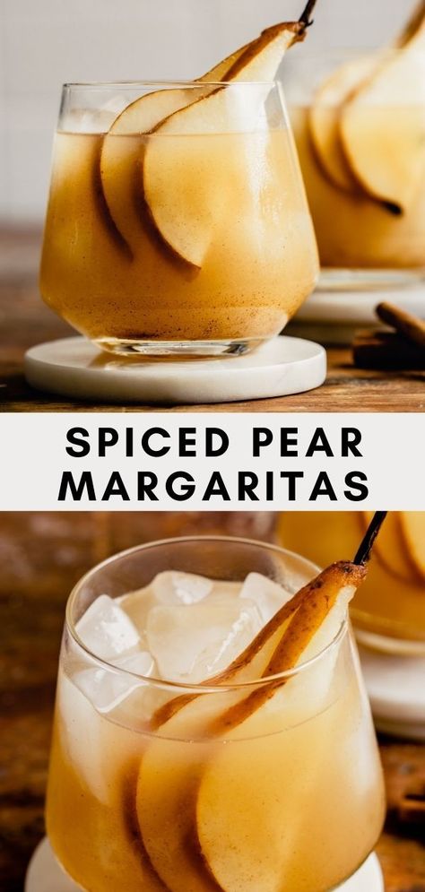 These unique pear margaritas feature a spiced pear simple syrup made with honey, cinnamon, nutmeg, clove and ginger. Shaken with tequila, lime and ginger liqueur, these margs are warm and cozy—perfect for fall and winter! Ginger Syrup Cocktail, Pear Simple Syrup, Winter Margarita, Boozy Pops, Pear Drinks, Simple Syrup Cocktails, Cinnamon Simple Syrup, Pear Cocktails, Spiced Honey