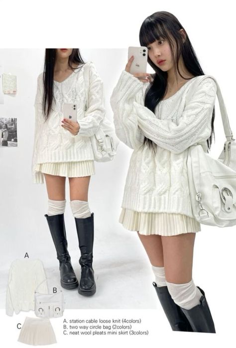 Acubi Skirt Outfit, Gyaru Winter Outfits, Japanese Skirt Outfits, Acubi Winter Outfit, White Y2k Outfit, Acubi Winter, Shoujo Girl Outfit, Kawaii Winter Outfits, Acubi Dress