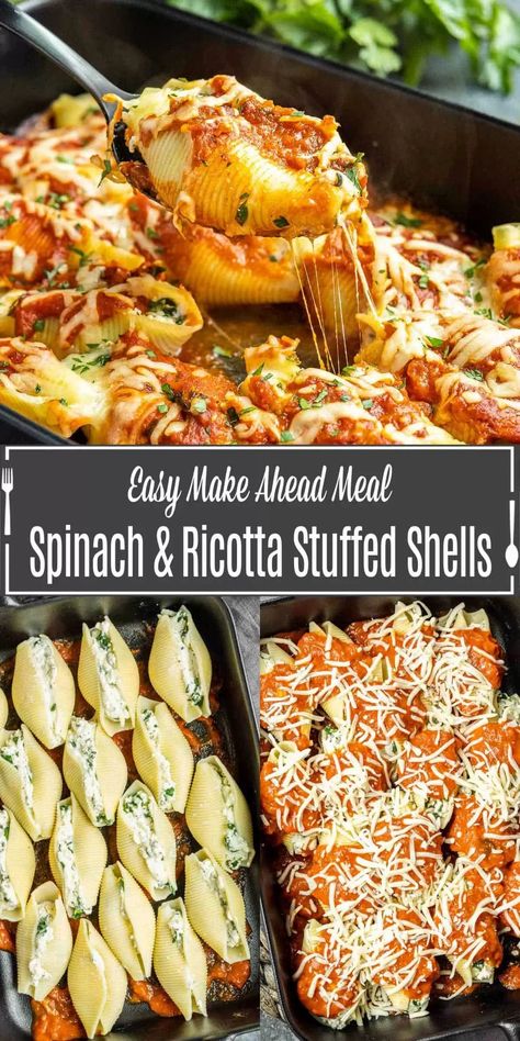 spinach and ricotta stuffed shells Spinach Ricotta Stuffed Shells, Spinach And Ricotta Stuffed Shells, Pasta Shells Stuffed, Pasta Entrees, Ricotta Stuffed Shells, Spinach Stuffed Shells, Best Easy Dinner Recipes, Stuffed Shells Ricotta, Spinach Bake