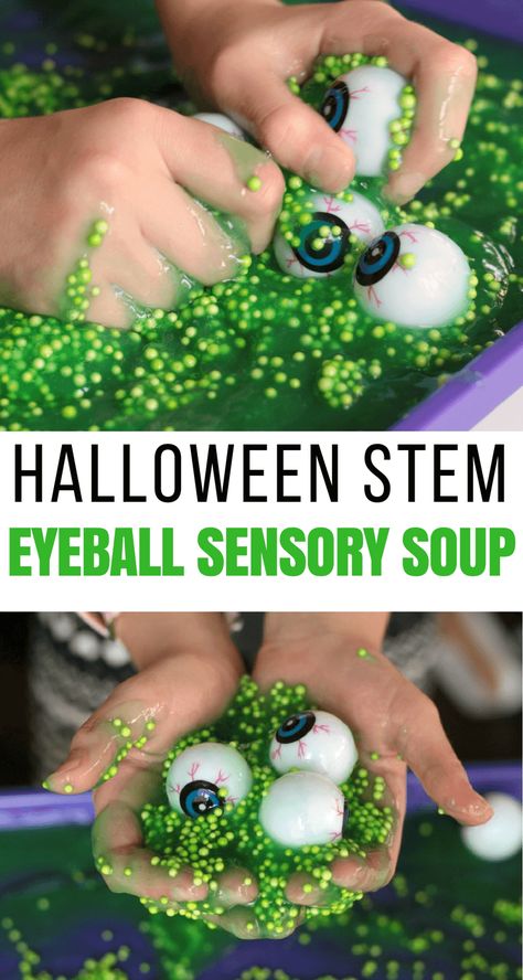 Spooky Sensory Tub Halloween STEM Activity for Kids Messy Halloween Activities, Eyeball Sensory Bin, Sensory Halloween Boxes, Shaving Cream Halloween Activities, Eyeball Soup Halloween, Halloween Fun For Kids Activities, Sensory Activities Toddlers Halloween, Sensory Pumpkin Activities, Dollar Tree Halloween Sensory Bin